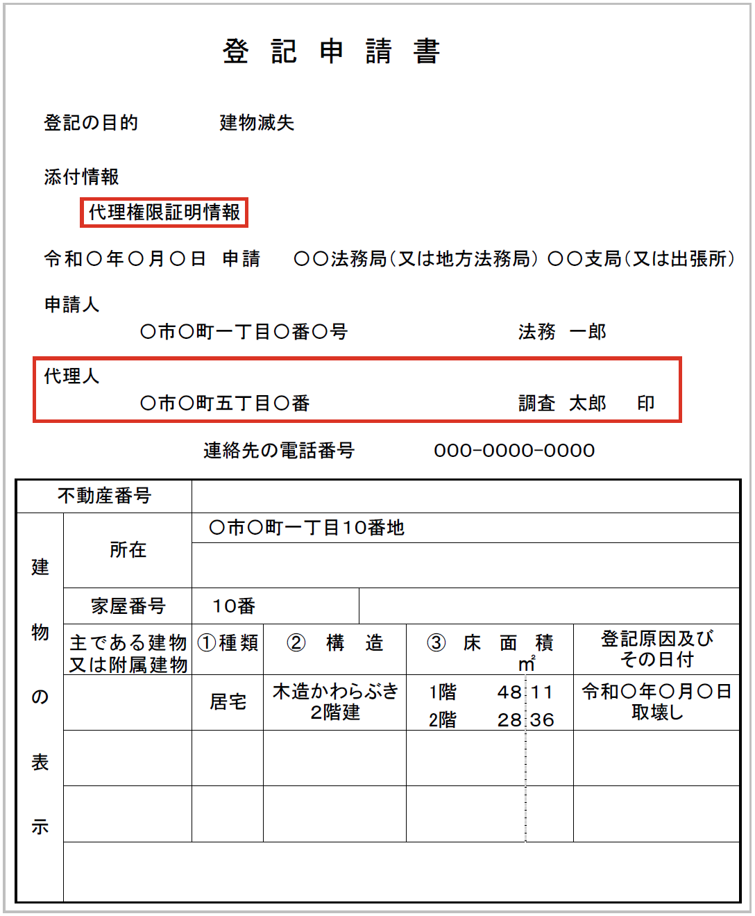 代理人が滅失登記申請する場合の登記申請書の記載例