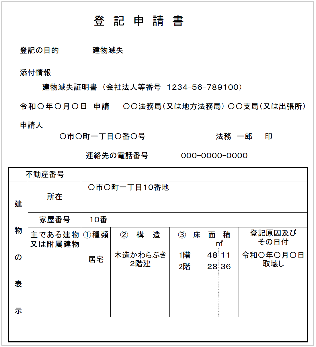 申請人本人が滅失登記申請する場合の登記申請書の記載例