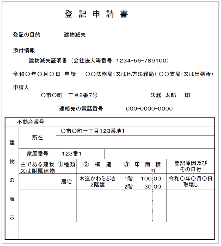 建物滅失登記申請書の例